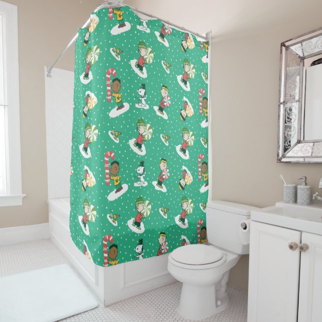 Peanuts Peppermint Dreams Snowflake Pattern Shower Curtain (In Situ)