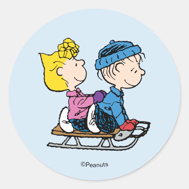 Peanuts | Sally & Linus Sled Riding Classic Round Sticker (Front)
