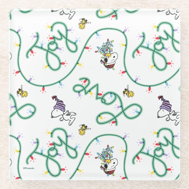 Peanuts | Shiny and Bright Christmas Love Pattern Glass Coaster (Front)