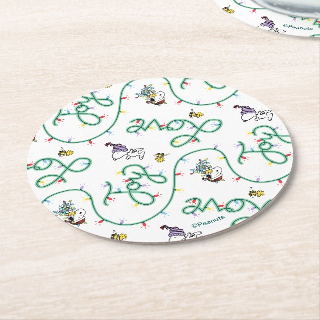 Peanuts | Shiny and Bright Christmas Love Pattern Round Paper Coaster (Angled)