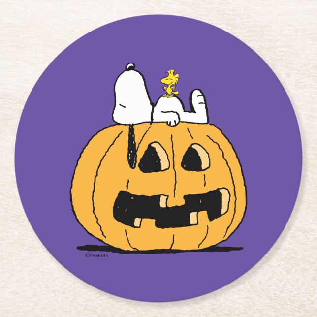Peanuts | Snoopy and Woodstock Jack-O-Lantern Round Paper Coaster (Front)