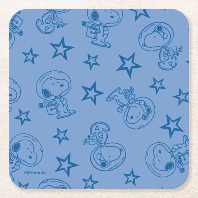 Peanuts | Snoopy Blue Space Astronaut Pattern Square Paper Coaster (Front)