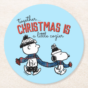 Peanuts Snoopy & Charlie Brown Winter Scarf Round Paper Coaster