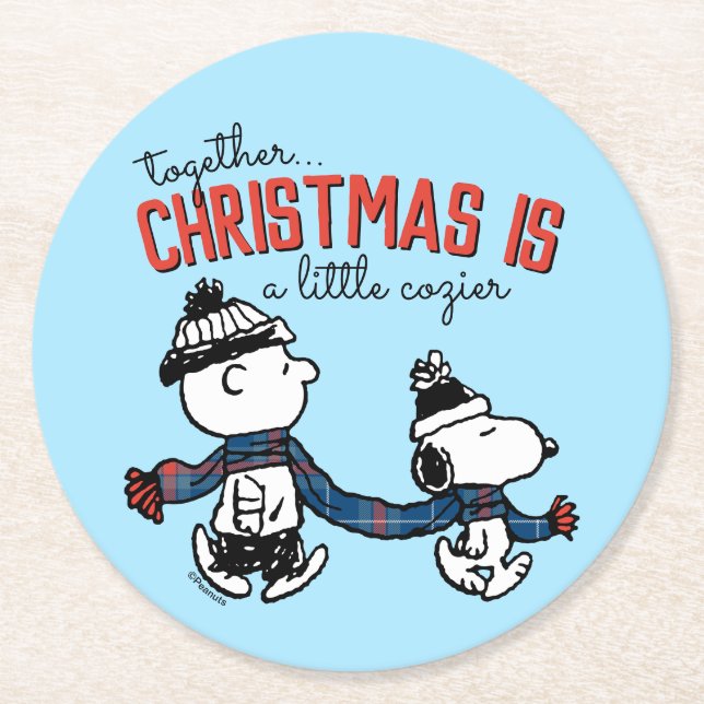 Peanuts | Snoopy & Charlie Brown Winter Scarf Round Paper Coaster (Front)
