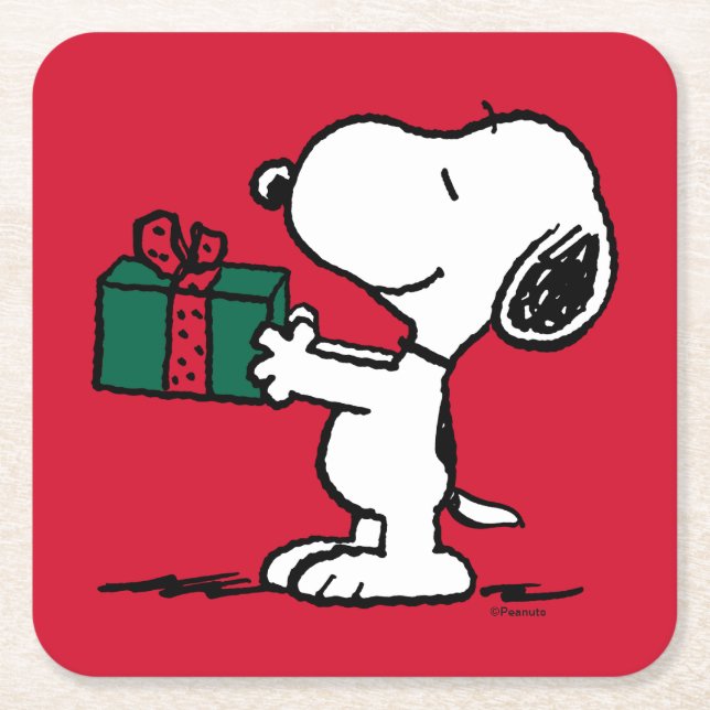 Peanuts | Snoopy Christmas Gift Giver Square Paper Coaster (Front)