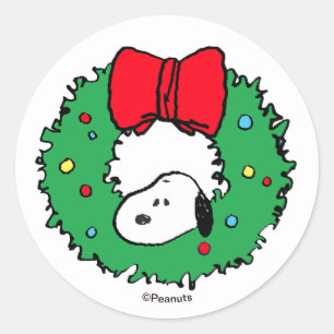 Peanuts   Snoopy Christmas Wreath & Bow Classic Round Sticker