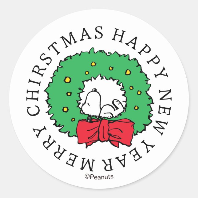 Peanuts | Snoopy Christmas Wreath Classic Round Sticker (Front)