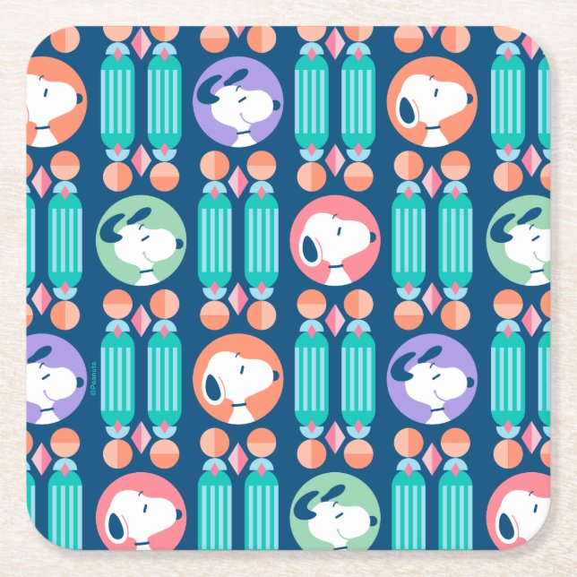 Peanuts | Snoopy Dark Blue Deco Dreams Pattern Square Paper Coaster (Front)