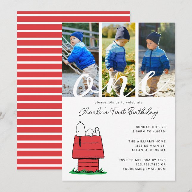 Peanuts Snoopy Dog House 1st Birthday Invitation (Front/Back)