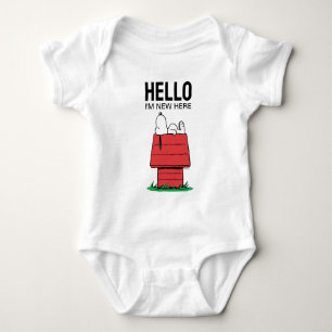 Peanuts Snoopy Dog House   Hello  'm New Here Baby Bodysuit