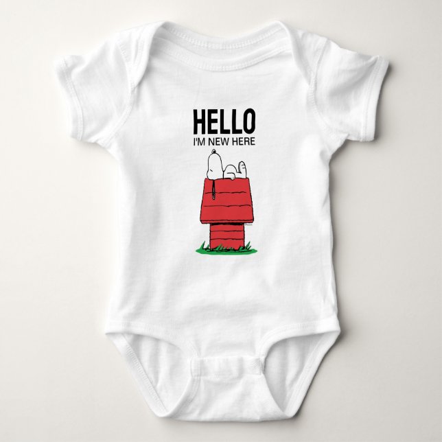 Peanuts Snoopy Dog House | Hello |'m New Here Baby Bodysuit (Front)