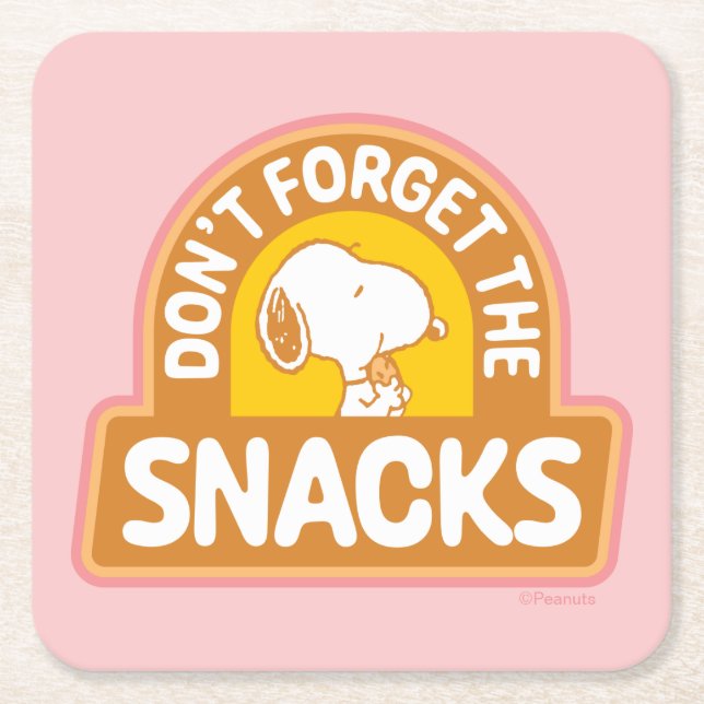 Peanuts | Snoopy Don't Forget the Snacks Square Paper Coaster (Front)