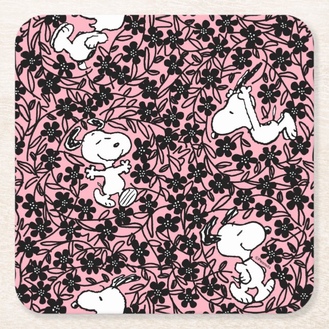 Peanuts | Snoopy Flower Vine Pattern Square Paper Coaster (Front)