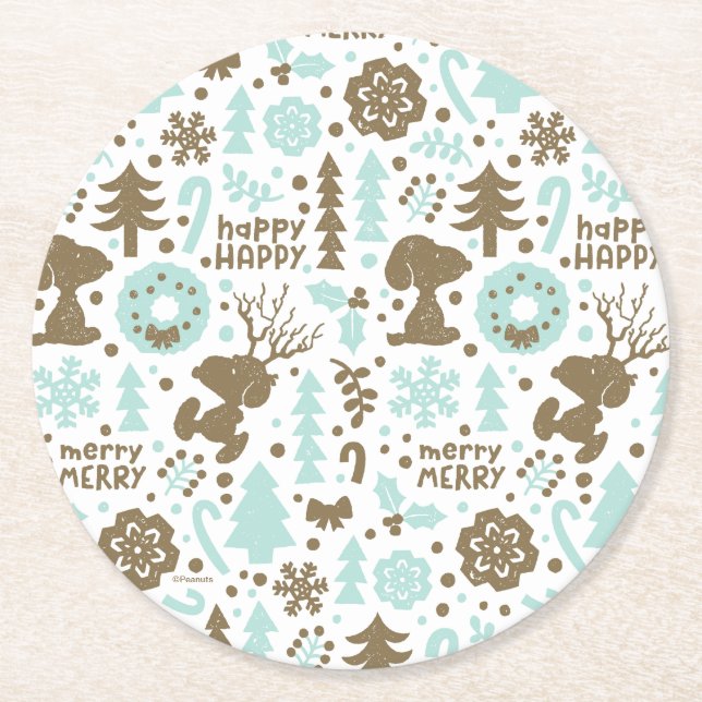 Peanuts | Snoopy Frosty Christmas Pattern Round Paper Coaster (Front)