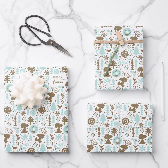 Peanuts | Snoopy Frosty Christmas Pattern Wrapping Paper Sheet (Front)