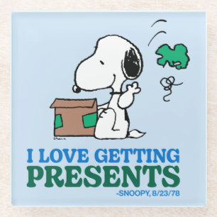Peanuts Snoopy I Love Getting Presents Glass Coaster