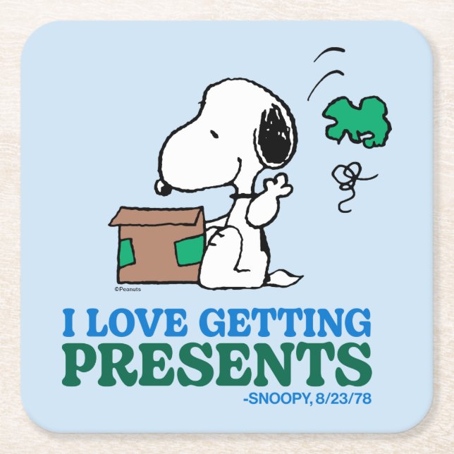 Peanuts | Snoopy I Love Getting Presents Square Paper Coaster (Front)