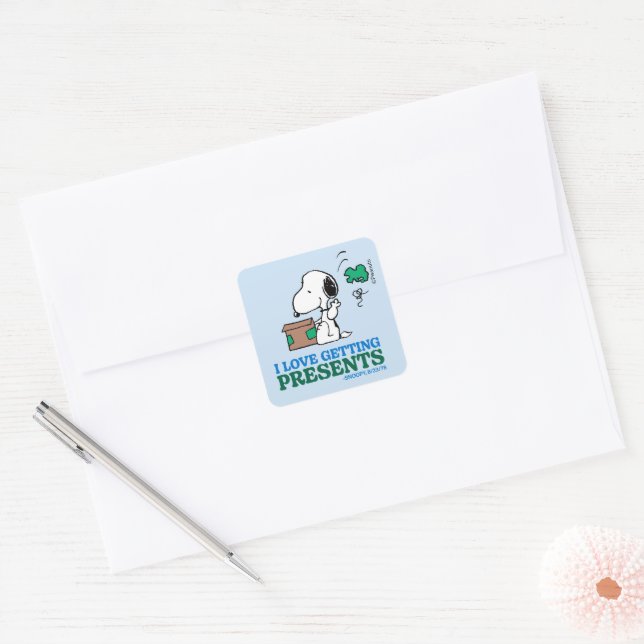 Peanuts | Snoopy I Love Getting Presents Square Sticker (Envelope)