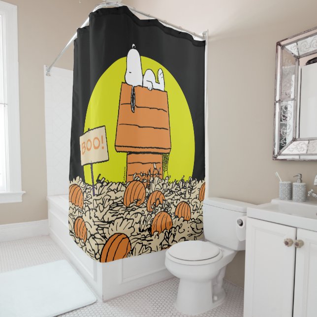 Peanuts | Snoopy Napping in the Pumpkin Patch Shower Curtain (In Situ)