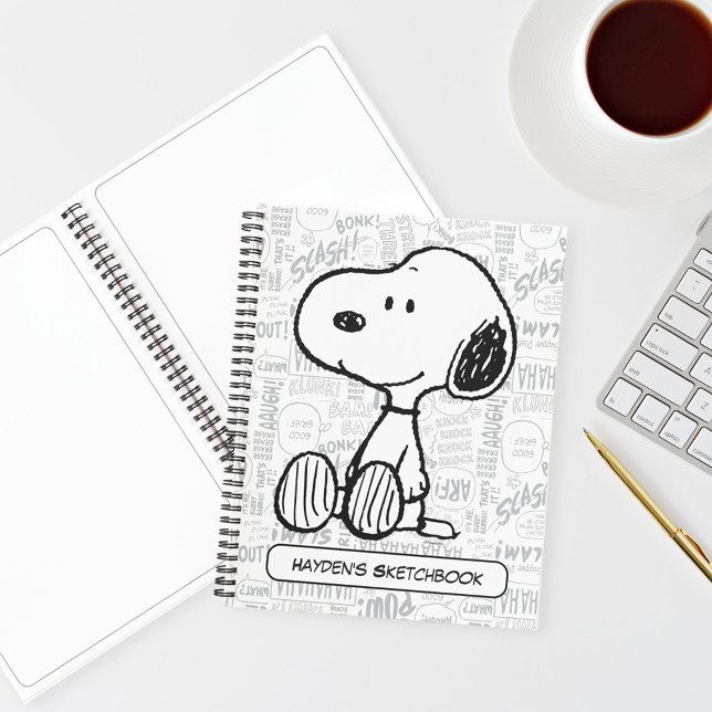 PEANUTS | Snoopy on Black White Comics Drawing Notebook (Notebooks on desk with sketch style pages)
