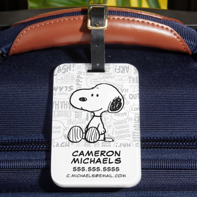 PEANUTS | Snoopy on Black White Comics Luggage Tag (Front Insitu 2)