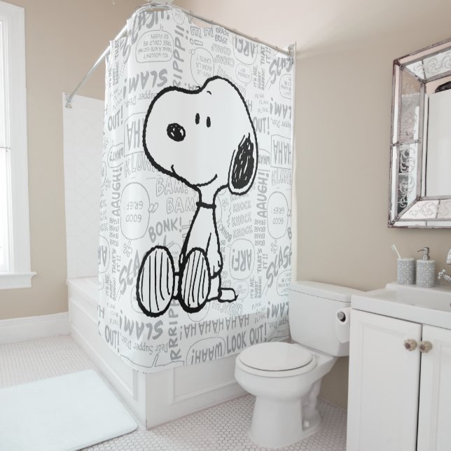 PEANUTS | Snoopy on Black White Comics Shower Curtain (In Situ)