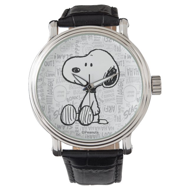 PEANUTS | Snoopy on Black White Comics Watch (Front)