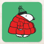Peanuts | Snoopy Red Puffer Jacket Square Paper Coaster<br><div class="desc">Check out this fun Peanuts design featuring Snoopy in his red puffy winter jacket.</div>