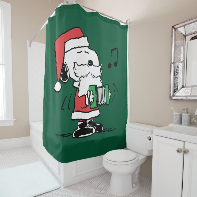 Peanuts | Snoopy Santa Claus Accordian Shower Curtain (In Situ)