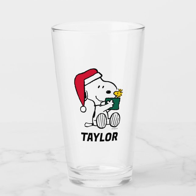 Peanuts | Snoopy Santa & Woodstock | Add Your Name Glass (Front)