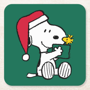 Peanuts Snoopy Santa & Woodstock Gift Square Paper Coaster