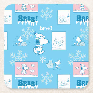 Peanuts Snoopy Snow Day Pattern Square Paper Coaster