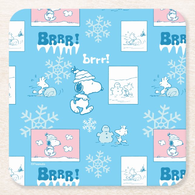 Peanuts | Snoopy Snow Day Pattern Square Paper Coaster (Front)