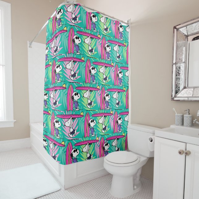 Peanuts | Snoopy Teal Surf Pattern Shower Curtain (In Situ)