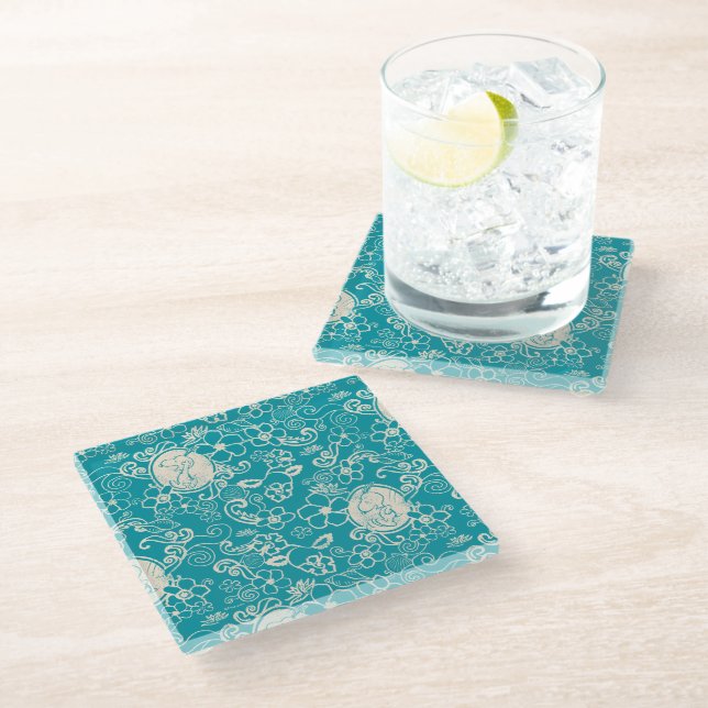 Peanuts | Snoopy Teal Tropical Beach Pattern Glass Coaster (Angled)