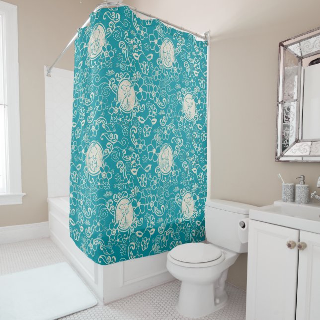 Peanuts | Snoopy Teal Tropical Beach Pattern Shower Curtain (In Situ)