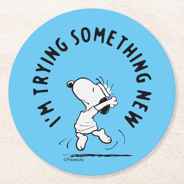 Peanuts | Snoopy Trying Something New Round Paper Coaster (Front)