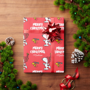 Peanuts Snoopy Winter Beanie Cap Add Your Name Wrapping Paper