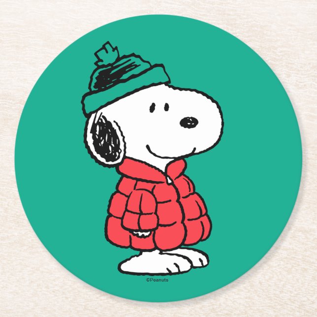 Peanuts | Snoopy Winter Coat & Hat Round Paper Coaster (Front)
