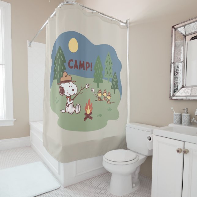 Peanuts | Snoopy & Woodstock at the Campfire Shower Curtain (In Situ)