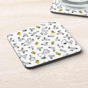Peanuts Snoopy & Woodstock B&W Flower Pattern Coaster