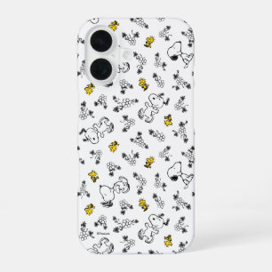 Peanuts Snoopy & Woodstock B&W Flower Pattern iPhone 16 Case