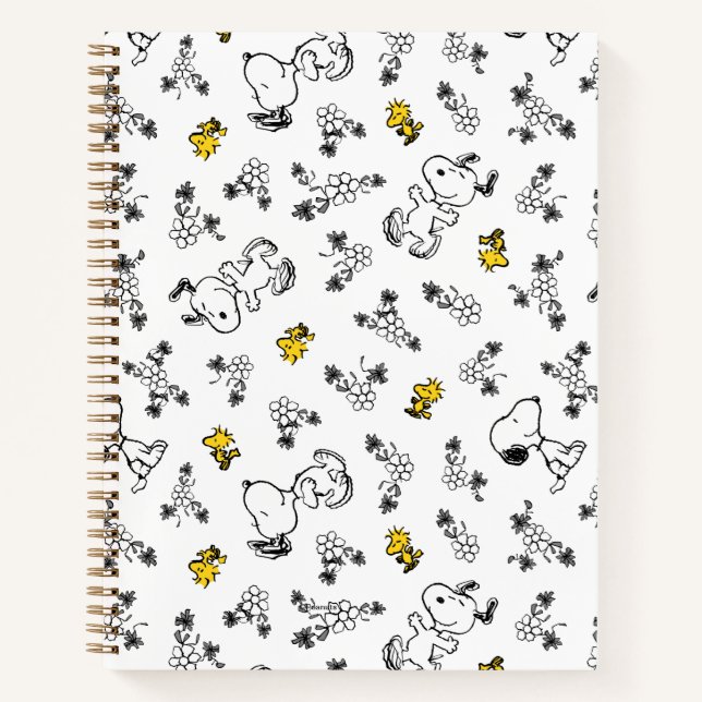 Peanuts | Snoopy & Woodstock B&W Flower Pattern Notebook (Front)