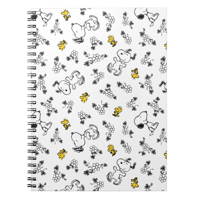 Peanuts | Snoopy & Woodstock B&W Flower Pattern Notebook (Front)