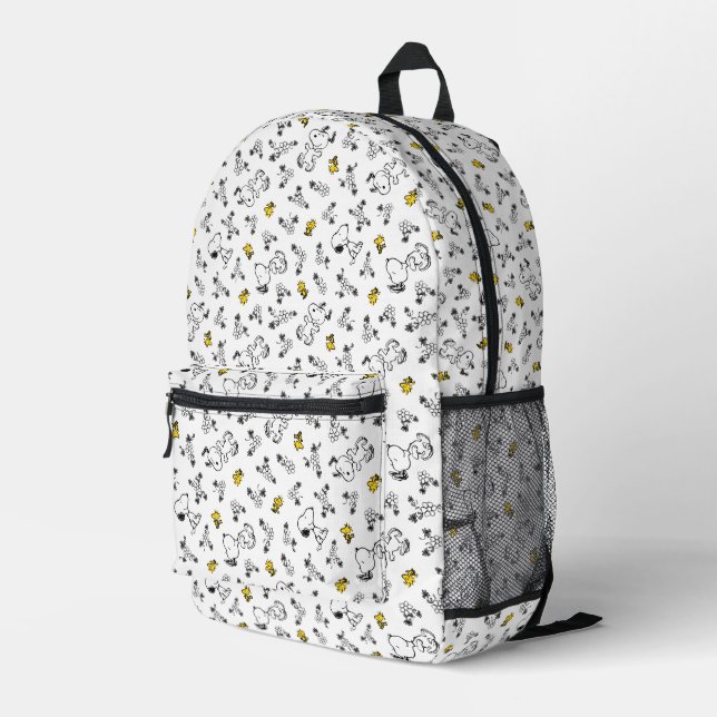 Peanuts | Snoopy & Woodstock B&W Flower Pattern Printed Backpack (Back Corner Right)