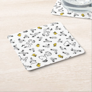 Peanuts Snoopy & Woodstock B&W Flower Pattern Square Paper Coaster