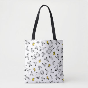 Peanuts   Snoopy & Woodstock B&W Flower Pattern Tote Bag