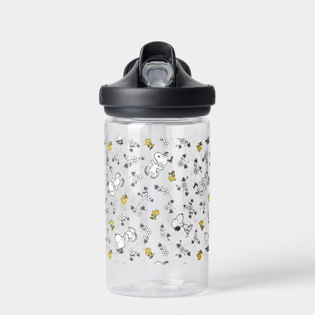 Peanuts | Snoopy & Woodstock B&W Flower Pattern Water Bottle (Front)