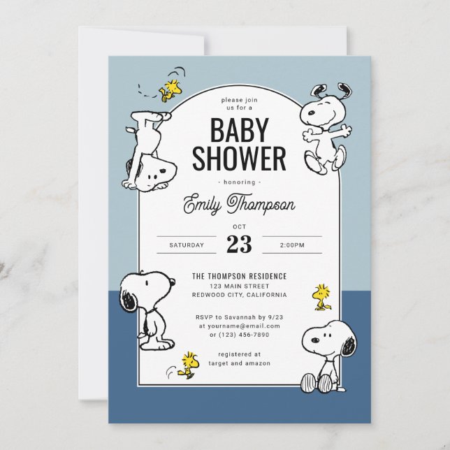 Peanuts Snoopy & Woodstock Blue Baby Shower Invitation (Front)