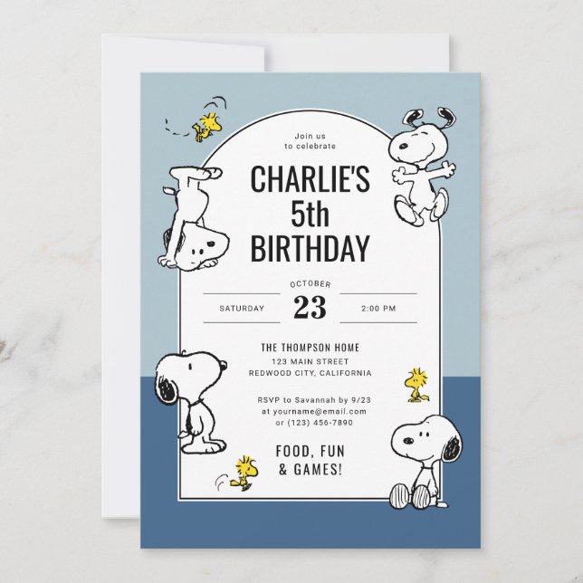 Peanuts Snoopy & Woodstock Blue Birthday Invitation (Front)